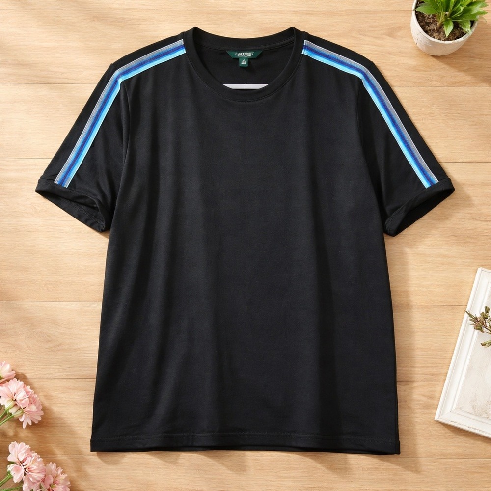 Lauren Ralph Lauren XL Sporty Striped Crewneck T-Shirt‎ Black Blue Minimalist